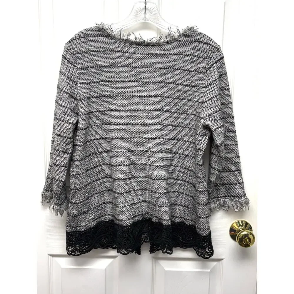 Chico’s Sweater Open Front Cardigan Lace Trim Frayed Edges Size 2 or Womens L
